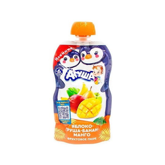 АГУША |Фруктовое пюре Агуша Яблоко-груша-банан-манго, 90 г