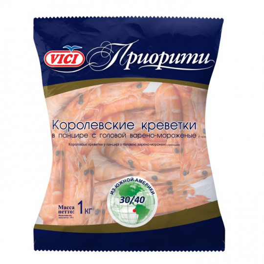 Креветки Vici Приорити Королевские в панцире с головой варено-мороженые 41/50 1КГ