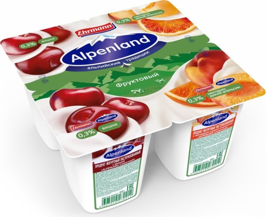 4Х95Г Йогуртовый продукт ALPENLAND 0,3% Вишня/Нектарин/Апельсин. EHRMANN