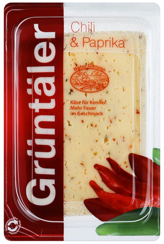 Сыр Gruntaler с чили и паприкой 50%, 150г нарезка
