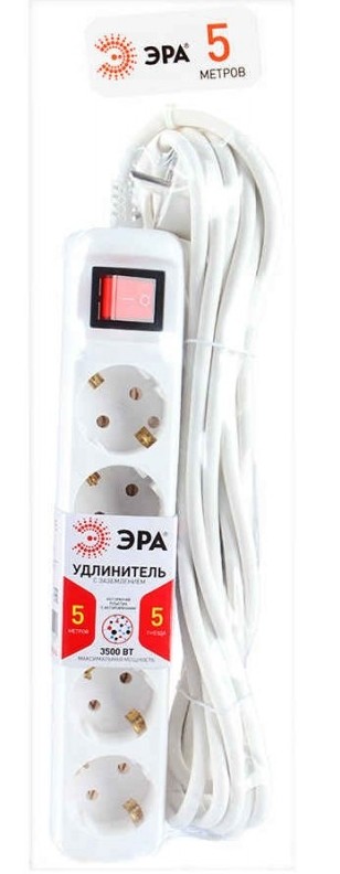  Удлинитель ЭРА U-5es-5m с заземлением, 3 x 1мм2, с выключателем , 5 гнезд, 5 м 