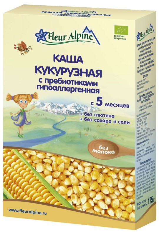 Fleur Alpine Organic каша безмолочная кукурузная с пребиотиками гипоаллергенная, с 5 месяцев, 175 г