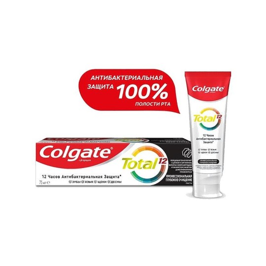 Colgate Total 12 Глубокое Очищение комплексная антибактериальная зубная паста с древесным углем, 75 мл