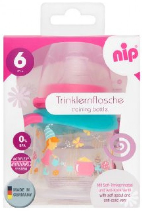  Бутылочка Nip тренировочная пластиковая с силиконовой соской ддя девочек, 150 мл 