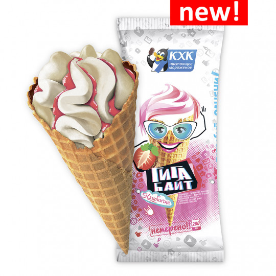 100Г Мороженое ванильное «клубника» в ваф. сахарном рожке, с шок. глазурью (Гигабайт)