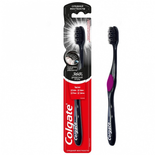Colgate 360 Древесный уголь многофункциональная зубная щетка, средней жесткости