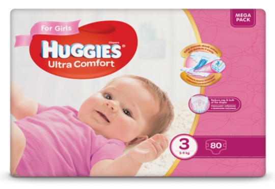  Подгузники  HUGGIES ультра комфорт  мега 3 (5-9 кг) для девочек 80 штук