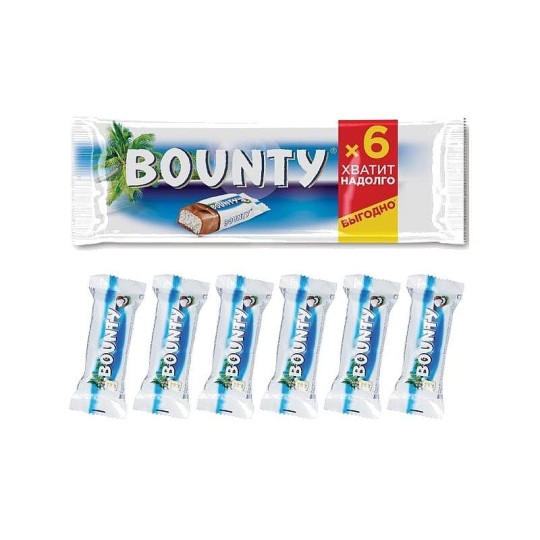 Bounty шоколадный батончик, пачка 6шт по 27,5г