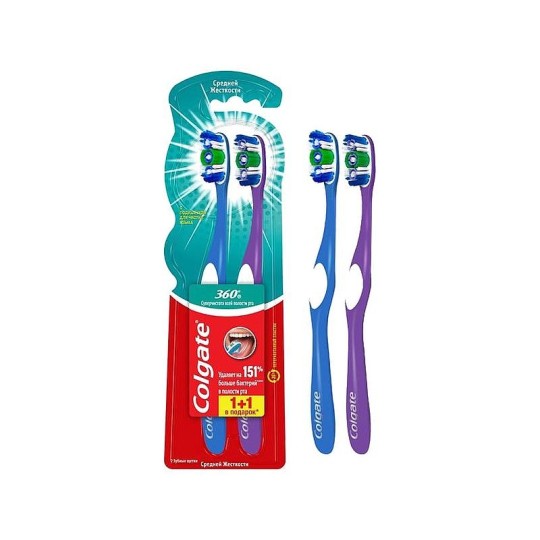 Colgate 360 Суперчистота всей полости рта многофункциональная антибактериальная зубная щетка, средней жесткости, промоупаковка 1+1 в подарок