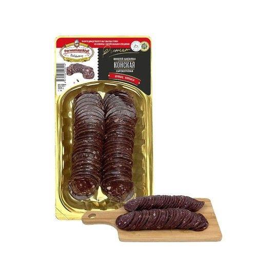 КОЛБАСА ПЕРВОМАЙСКИЕ ДЕЛИКАТЕСЫ КОНСКАЯ  СЫРОКОП  НАРЕЗКА 200ГР В/У
