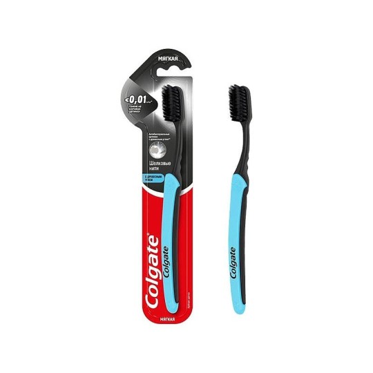 Colgate Шелковые Нити с древесным углем (черная) зубная щетка для здоровья десен, мягкая, голубая