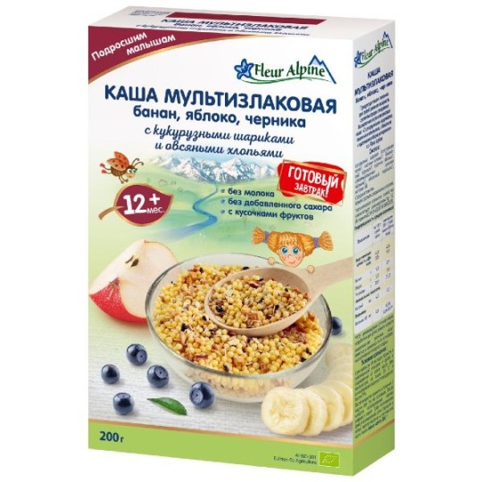  FLEUR ALPINE |Каша МУЛЬТИЗЛАКОВАЯ с бананом, с кусочками яблока и черники с 12 месяцев