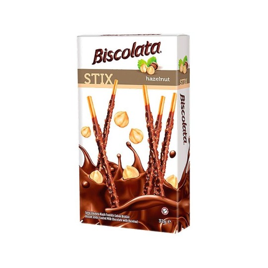 ПАЛОЧКИ BISCOLATA STIX ПОКРЫТЫЕ МОЛОЧНЫМ ШОКОЛАДОМ И ФУНДУКОМ 32ГР