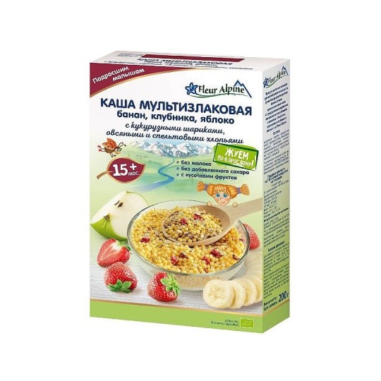 FLEUR ALPINE|Каша МУЛЬТИЗЛАКОВАЯ с бананом,/клубники/яблока с 15 месяцев, 200 г