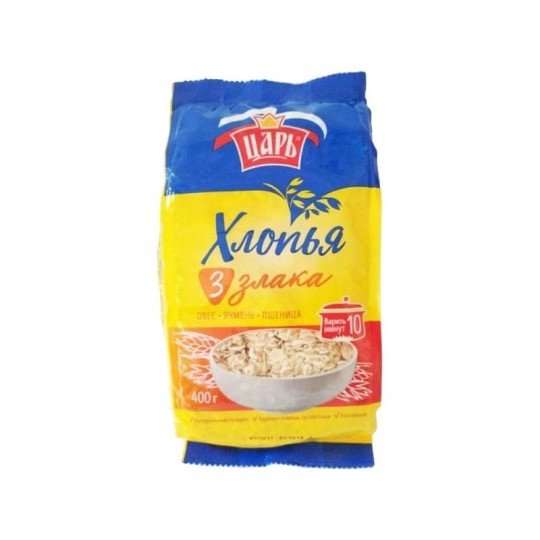 Хлопья 3 злака, овес-ячмень-пшеница Царь, 400 гр