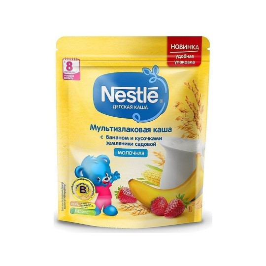 Каша Nestlé Молочная мультизлаковая с бананом и кусочками земляники с 8 мес 220г с бифидобактериями BL