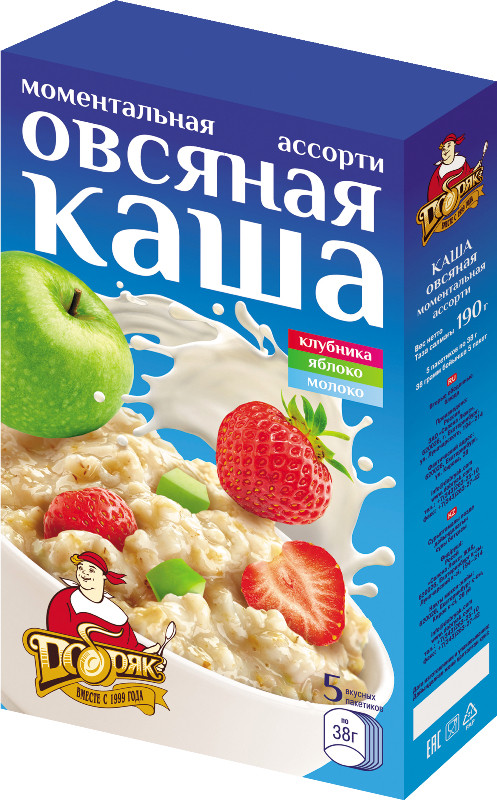 "Добряк" Каша овсяная  Клубника, Яблоко с молоком 38г./16