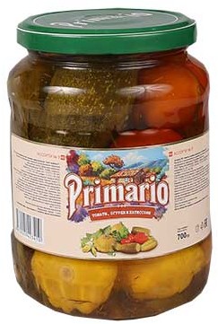 Ассорти овощное Primario огурцы помидоры 720 мл