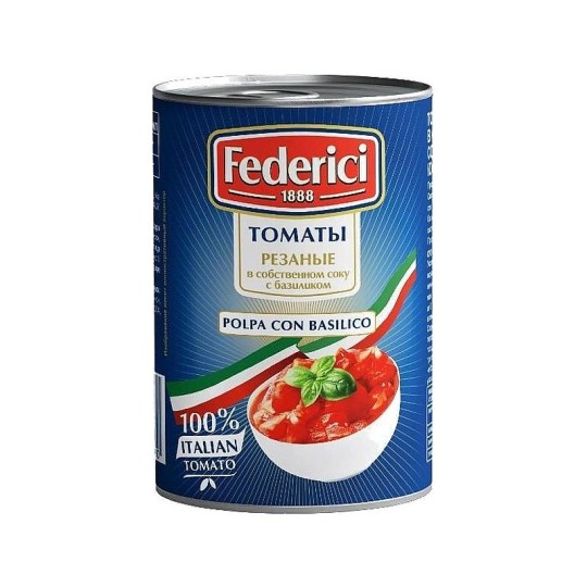 ТОМАТЫ FEDERICI РЕЗАНЫЕ В СОБСТ СОКУ С БАЗИЛИКОМ 425МЛ