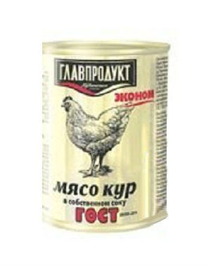 Мясо кур ГЛАВПРОДУКТ в собственном соку, ГОСТ, 350г.