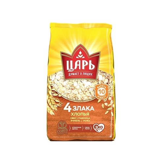 Хлопья 4 злака,  овес-ячмень, пшеница-рожь, Царь, 400 гр