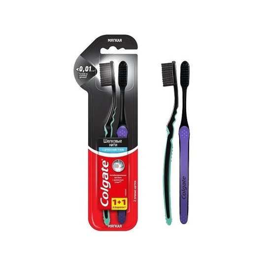 Colgate Шелковые Нити зубная щетка с древесным углем для здоровья десен, мягкая, черная, промоупаковка 1+1 в подарок