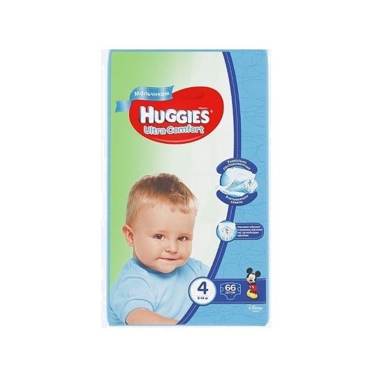 Подгузники для мальчиков HUGGIES Ultra Comfort, размер 4, 66 штук 