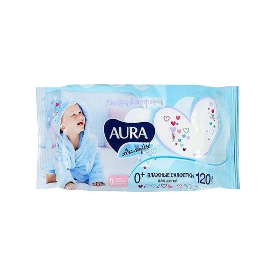 Влажные салфетки Aura для детей Ultra Comfort с экстрактом алоэ и витамином Е, 120шт